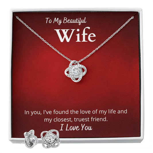 Love Knot Earring & Necklace Set With Message Card for Wife