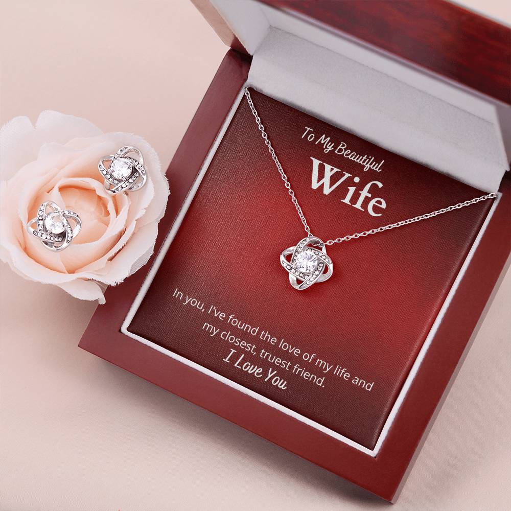 Love Knot Earring & Necklace Set With Message Card for Wife