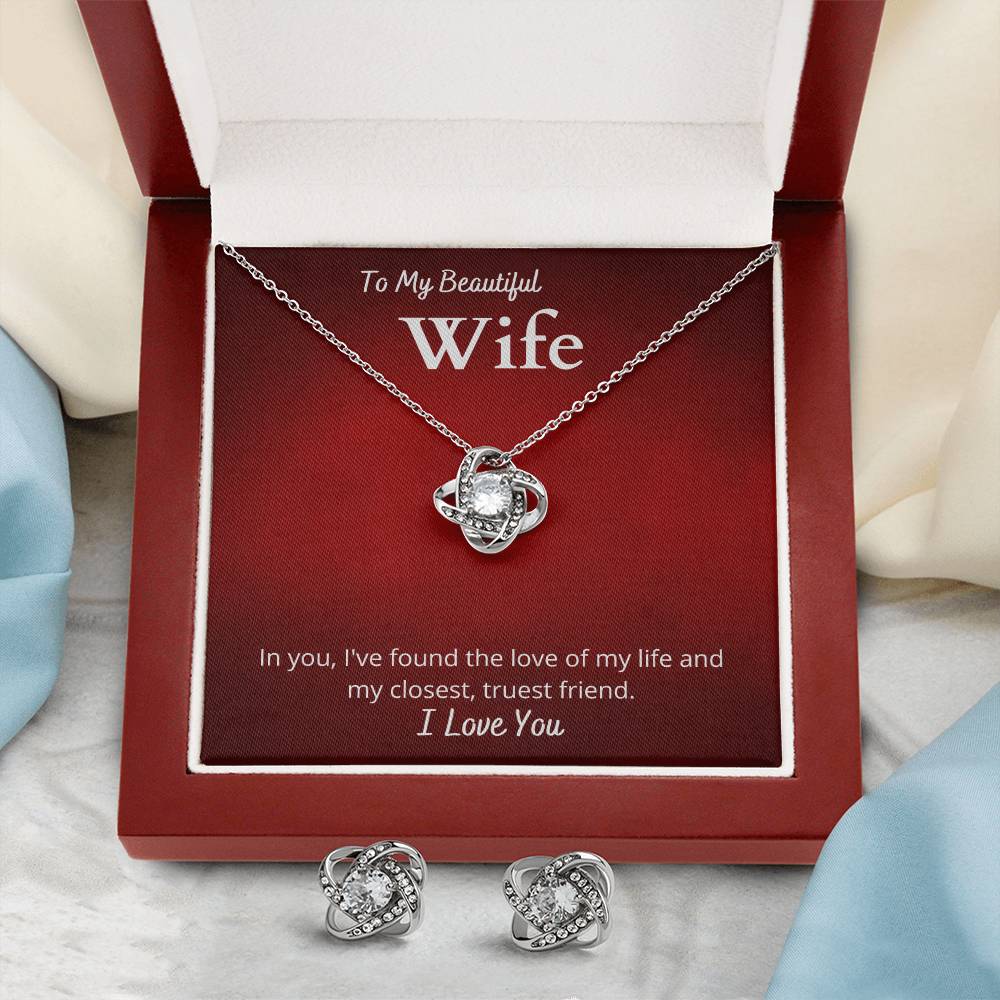 Love Knot Earring & Necklace Set With Message Card for Wife