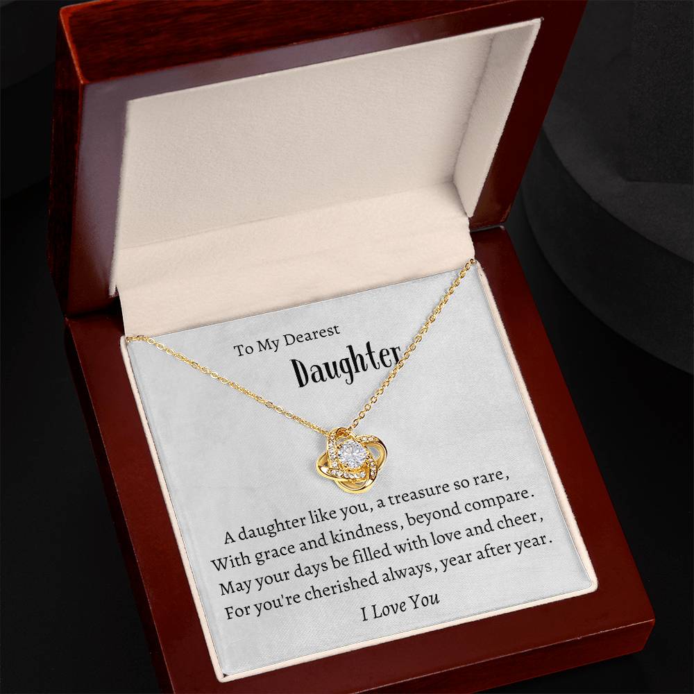 Love Knot Necklace (Yellow & White Gold Variants)  With Message Card -  To Daughter - Great Gift for Valentine's, Birthday, Graduation, etc