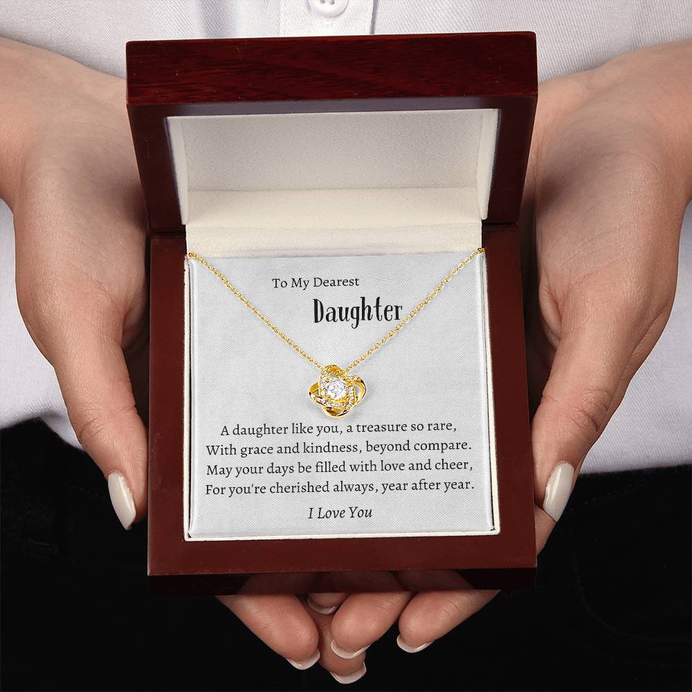 Love Knot Necklace (Yellow & White Gold Variants)  With Message Card -  To Daughter - Great Gift for Valentine's, Birthday, Graduation, etc