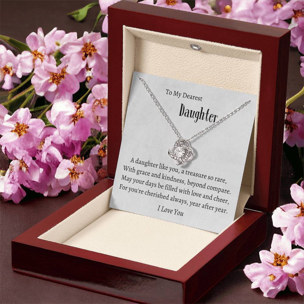 Love Knot Necklace (Yellow & White Gold Variants)  With Message Card -  To Daughter - Great Gift for Valentine's, Birthday, Graduation, etc