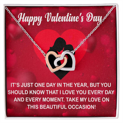 Interlocking Hearts Necklace With Message Card for Valentine's Day. Perfect gift for wife or girlfriend