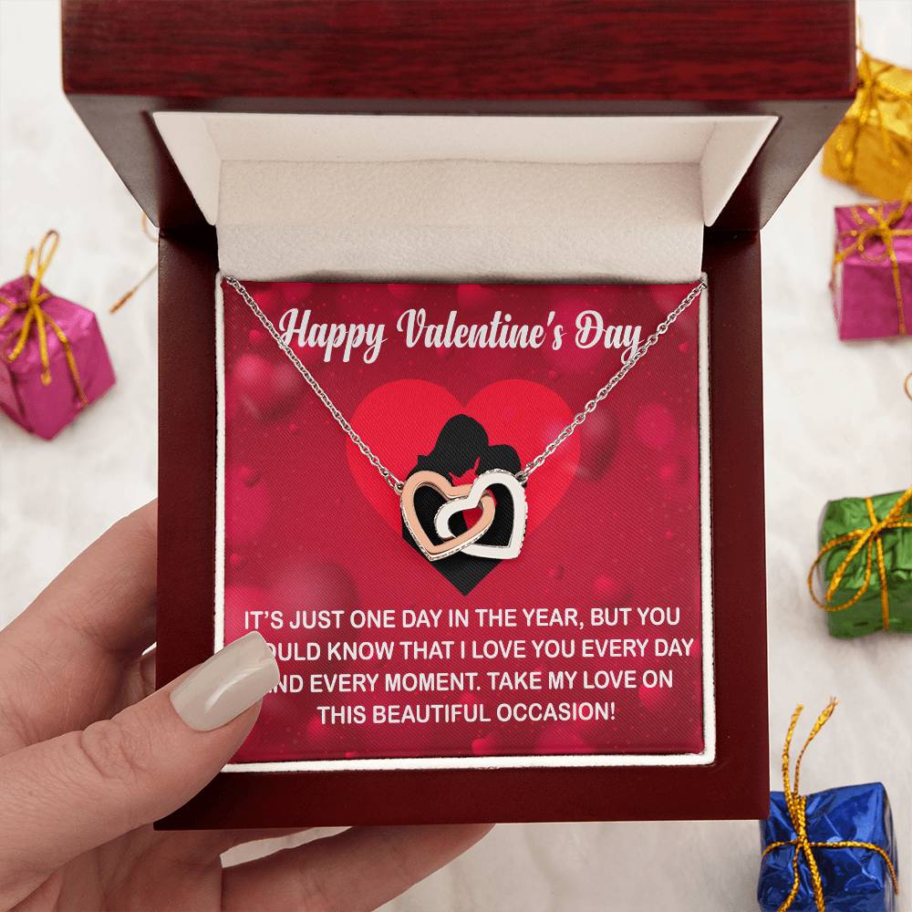 Interlocking Hearts Necklace With Message Card for Valentine's Day. Perfect gift for wife or girlfriend