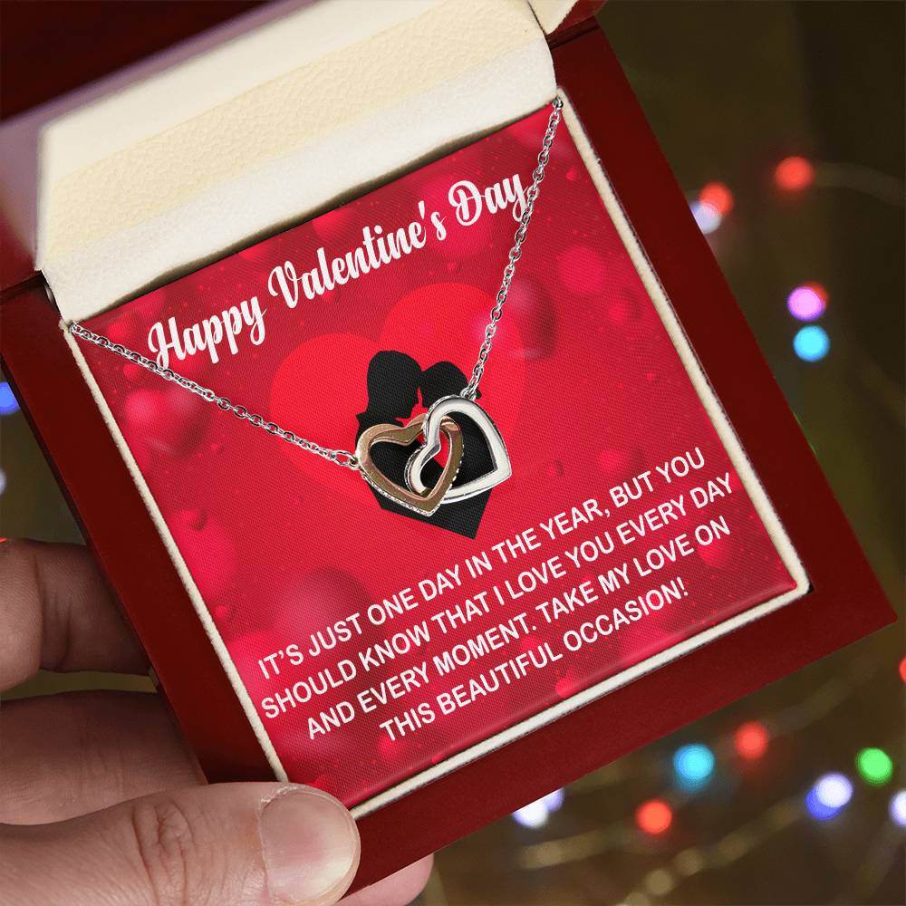 Interlocking Hearts Necklace With Message Card for Valentine's Day. Perfect gift for wife or girlfriend